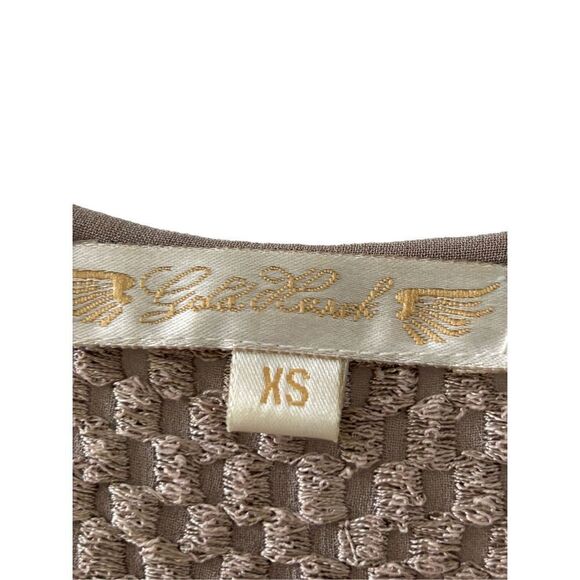 Gold Hawk Tassel Front Long Sleeve Peasant Blouse Womens Tan Size XS - Picture 3 of 8